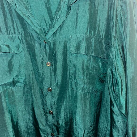 Venezia Vitale 100% Silk Top Button Collar Pocket Long Sleeve Green 22/24 - Picture 5 of 5